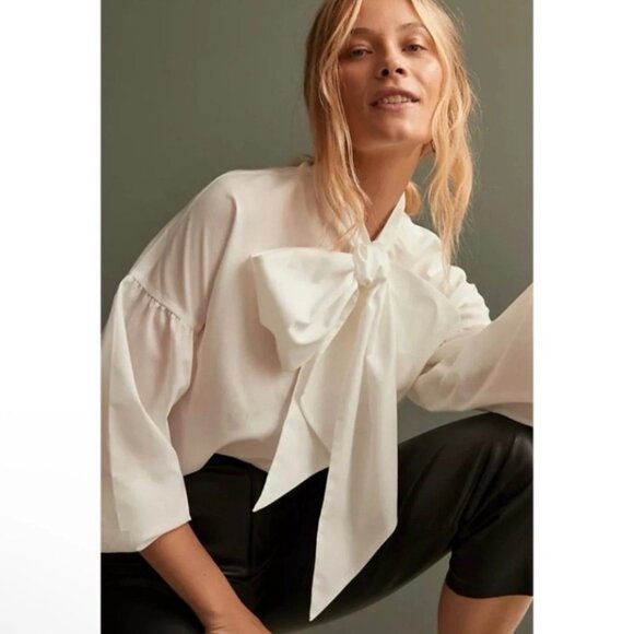 Mare Mare x Anthropologie White Poplin Button Down Bow Front Shirt MEDIUM Blouse - Picture 9 of 10